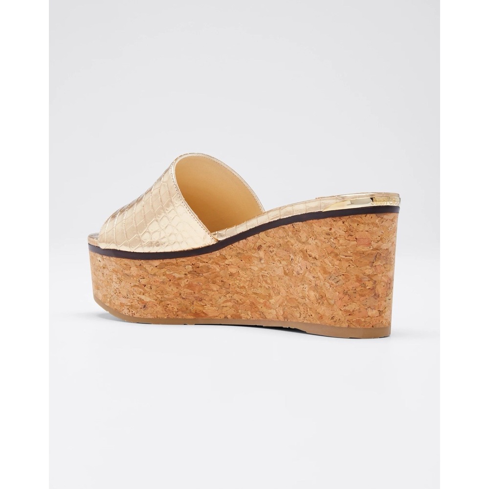 Jimmy Choo Deedee Metallic Cork Platform Sandals Gold Croc Embossed Glam Resort - Picture 2 of 15
